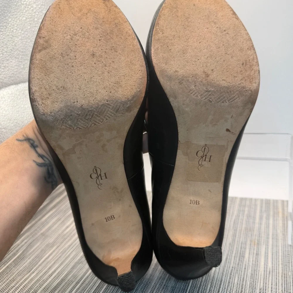 Cole Haan Chelsea Peep Toe Pumps Size 10B Black‎ Leather Platform Stiletto Heels